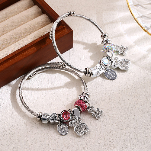 Bracelet élégant et mignon en alliage d'acier inoxydable avec ours ovale et strass incrustés de perles