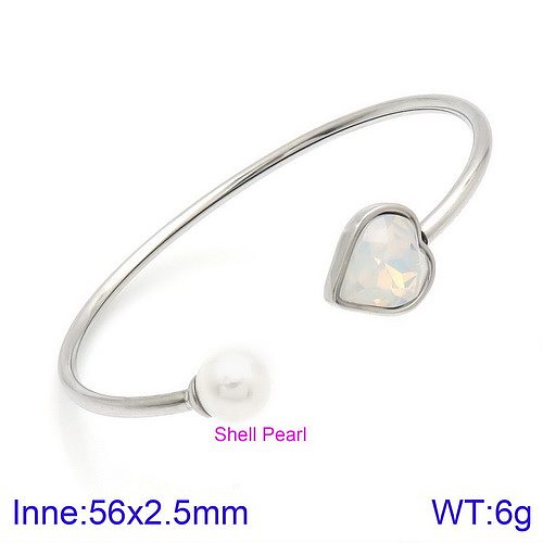 Modern Style Simple Style Heart Shape Stainless Steel Titanium Steel Plating Inlay Glass Stone Pearl 18K Gold Plated Bangle