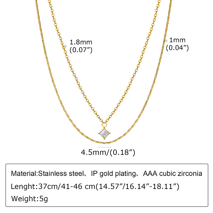 IG Style Simple Style Square Stainless Steel  Layered Plating Inlay Zircon 18K Gold Plated Double Layer Necklaces