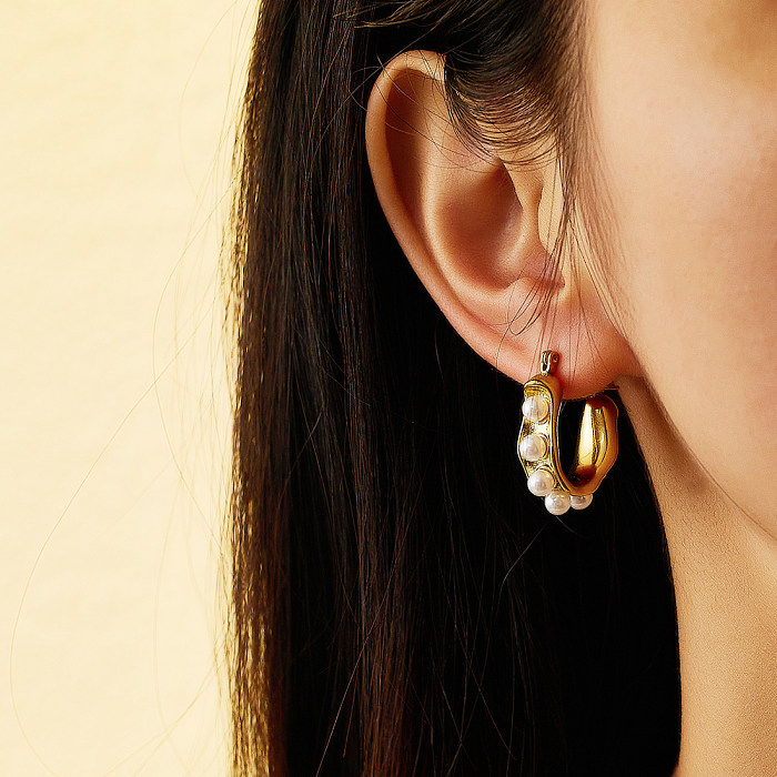 Boucles d'oreilles élégantes en forme de U, Style IG, incrustation de placage en acier inoxydable, perles, 1 pièce