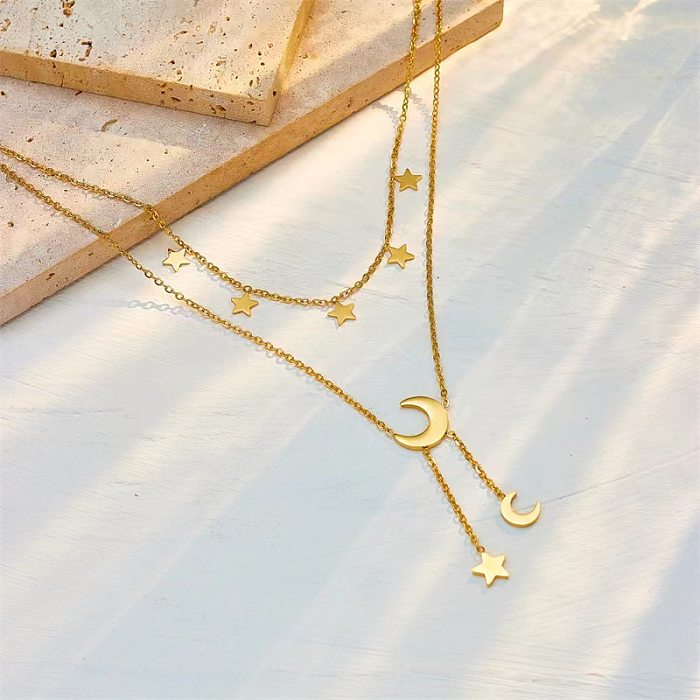 Elegant Retro Lady Star Moon Stainless Steel Plating Layered Necklaces