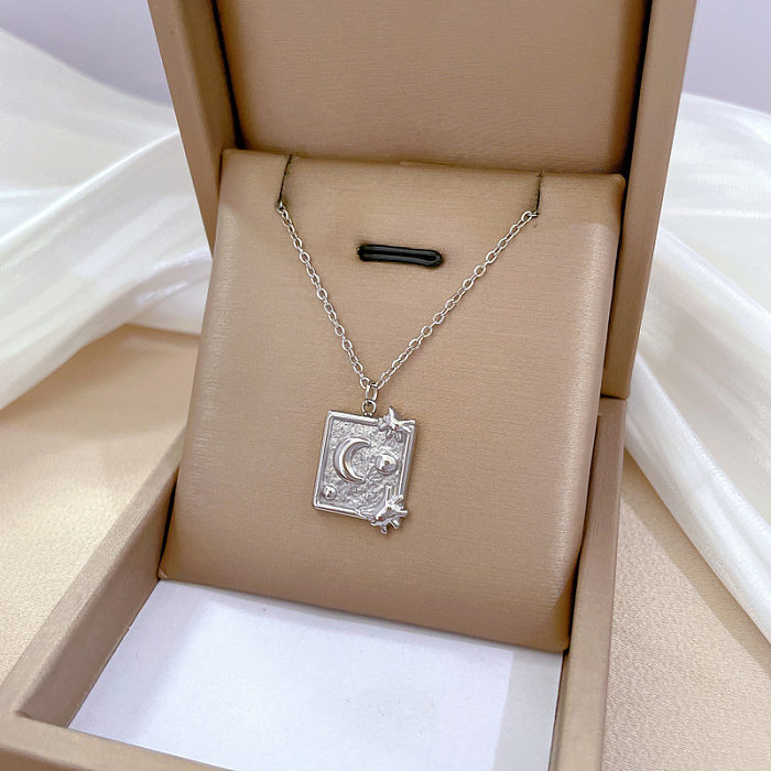 Cartoon Style Square Moon Stainless Steel Plating Pendant Necklace