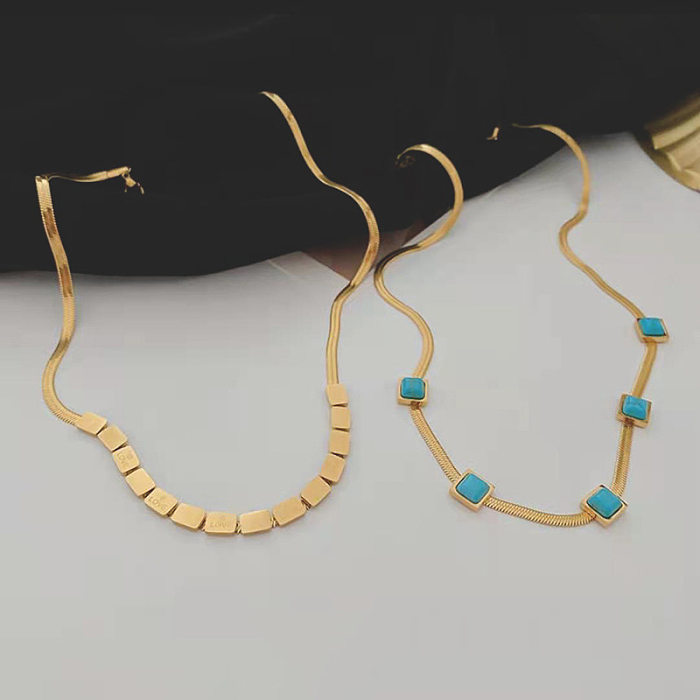 Einfache, quadratische, türkisfarbene Halskette aus Edelstahl mit Inlay, 1 Stück