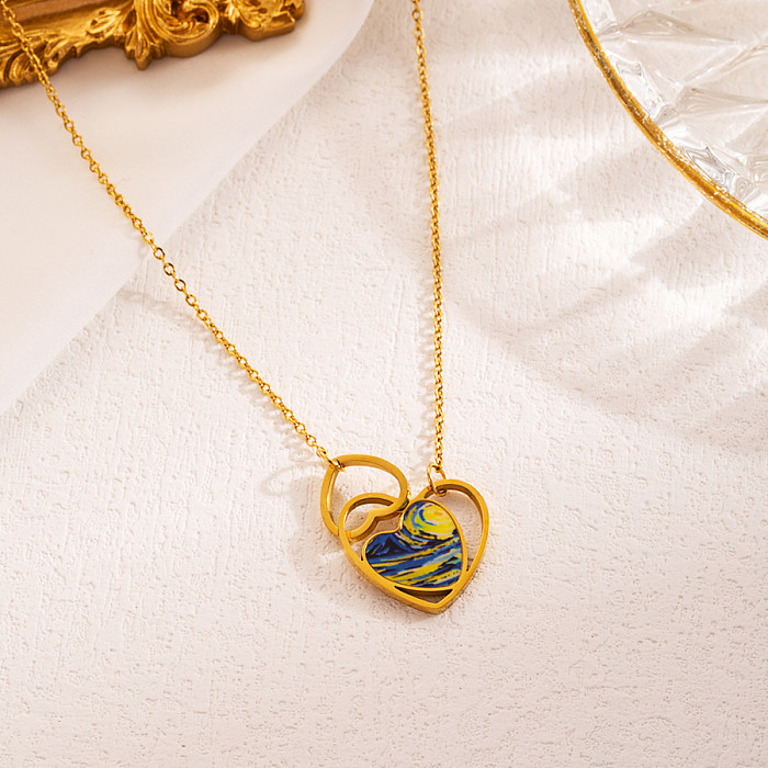 INS Style Artistic Moon Heart Shape Flower Stainless Steel  Enamel Plating Inlay Zircon 18K Gold Plated Pendant Necklace
