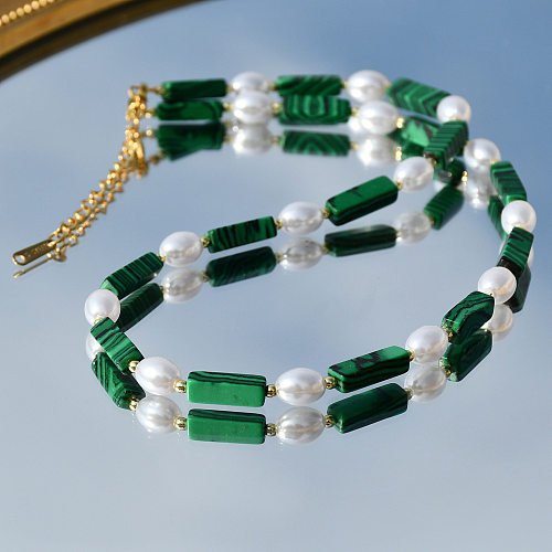 Commute Round Stainless Steel  Imitation Pearl Malachite Beaded Necklace