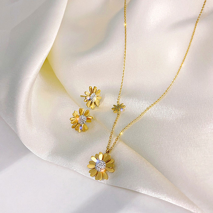 Simple Style Four Leaf Clover Dolphin Daisy Stainless Steel Plating Inlay Zircon Pendant Necklace 1 Piece
