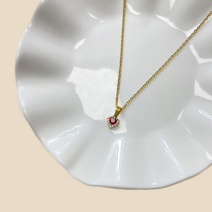 Collier pendentif en forme de cœur en acier inoxydable, placage époxy, incrustation de Zircon, plaqué or blanc