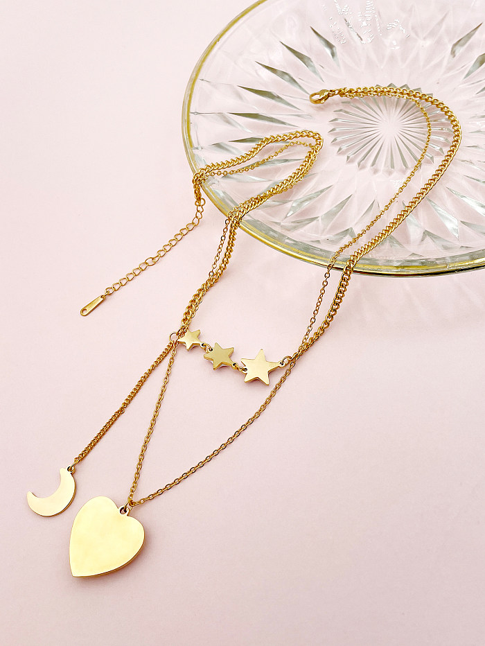 Artistic Star Moon Heart Shape Stainless Steel  Plating Inlay Shell Zircon Gold Plated Layered Necklaces