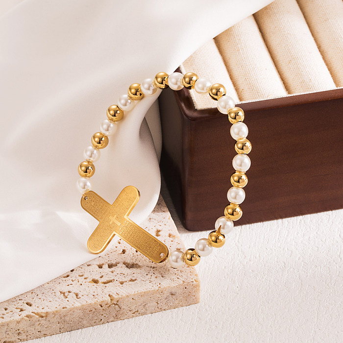 INS Style Cross Heart Shape Elephant Stainless Steel Imitation Pearl Synthetics Beaded Plating Gold Plated Bracelets