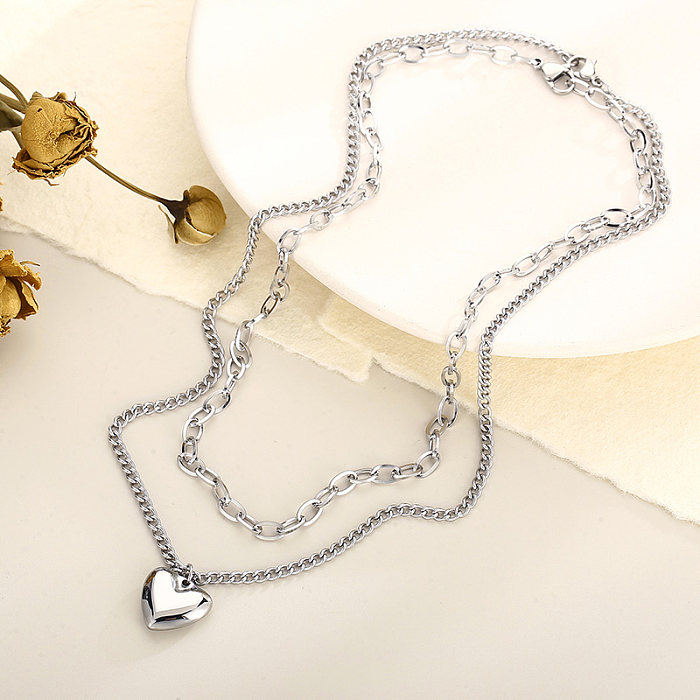 Lässige, moderne Herzform-Edelstahl-Edelstahlbeschichtung mit 18-Karat-Vergoldung, geschichtete Halsketten