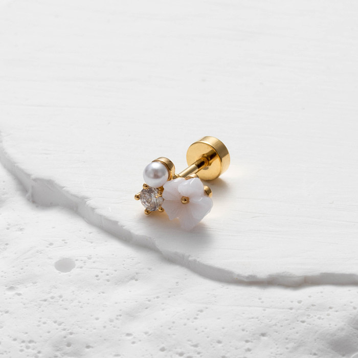 1 peça Lady Vacation estilo clássico gotas de água formato de coração revestimento de flores incrustações de aço inoxidável cobre zircão banhado a ouro 18K brincos de cartilagem banhados a ródio