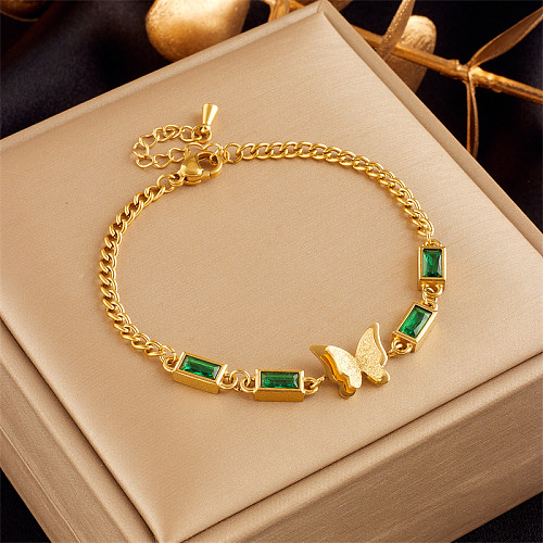 Estilo vintage borboleta brilhante chapeamento de aço inoxidável strass pulseiras banhadas a ouro 18K
