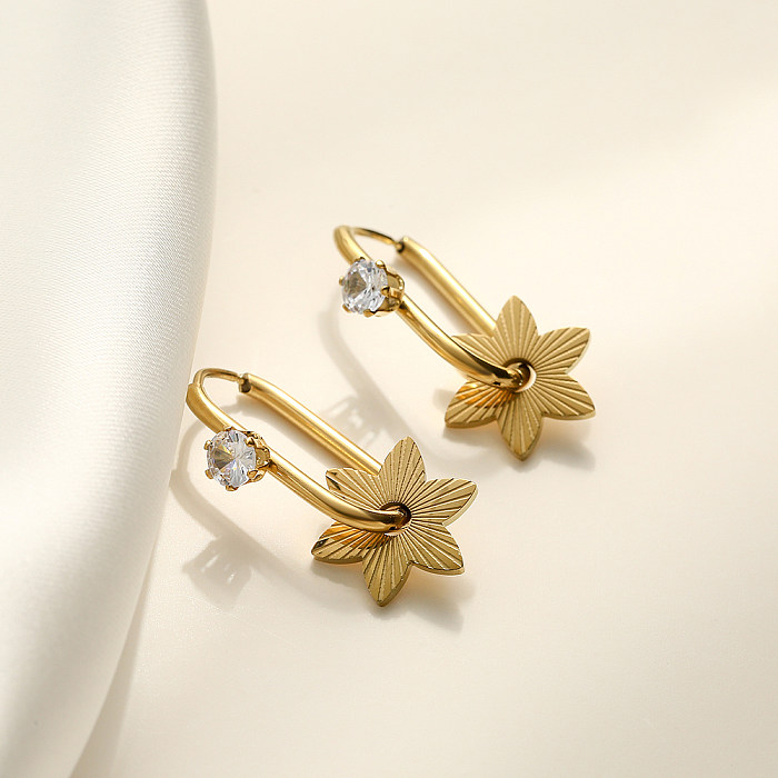 1 paire de boucles d'oreilles créoles plaquées or 18 carats, Style Simple, étoile de trajet, incrustation de fleur, acier inoxydable, Zircon