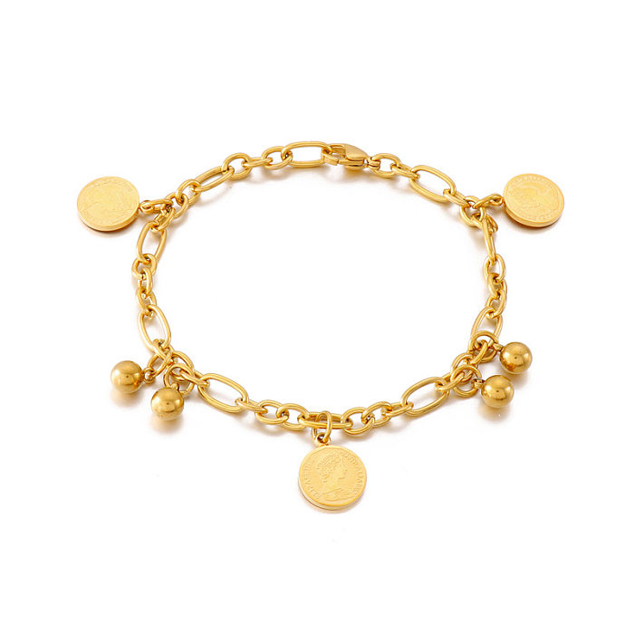 Fashion Stitching Retro Ethnic Round Card Portrait Stainless Steel Gold-color Bead Bracelet