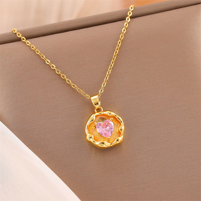 Süße runde, ovale, herzförmige Halskette mit Edelstahlüberzug und Inlay aus künstlichem Diamant mit 18 Karat vergoldetem Anhänger