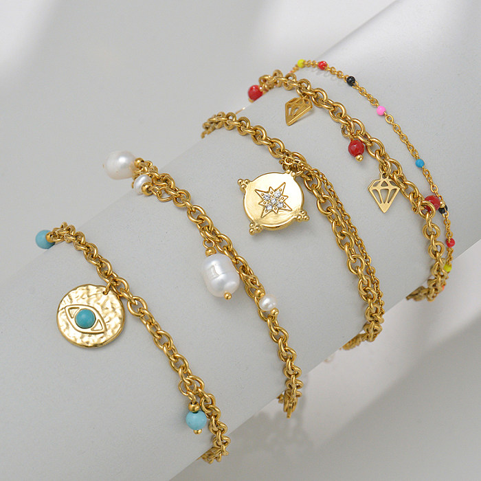 Fashion Round Stainless Steel Bracelets Plating Inlay Turquoise Rhinestone Stainless Steel Bracelets