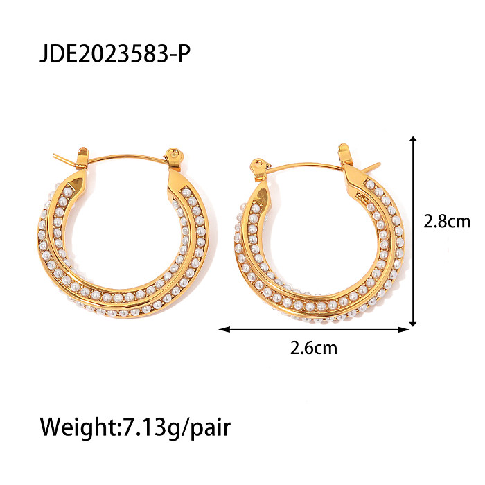 Fashion Circle Stainless Steel  Inlay Artificial Pearls Zircon Earrings 1 Pair