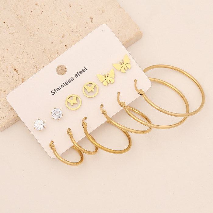 6 Pairs Simple Style Commute Star Heart Shape Butterfly Inlay Stainless Steel  Zircon Earrings