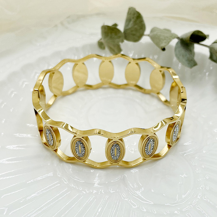 Elegante estilo simples oval chapeamento de aço inoxidável escavar pulseira banhada a ouro de zircão