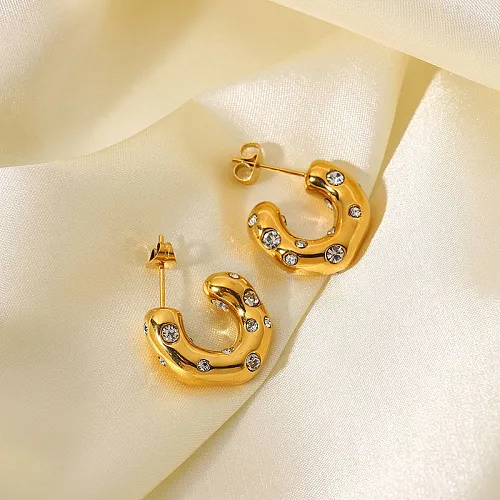 1 Pair Casual Simple Style C Shape Plating Inlay Stainless Steel  Stainless Steel Rhinestones 18K Gold Plated Ear Studs
