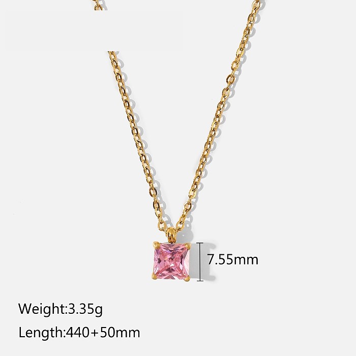 Same Style As European And American Web Celebrities' Necklace 18K Gold Stainless Steel  White/Pink/Green Square Zircon Pendant Necklace Ornament For Women