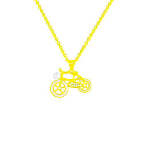Cute Novelty Bicycle Stainless Steel Plating Inlay Artificial Pearls Zircon Gold Plated Pendant Necklace