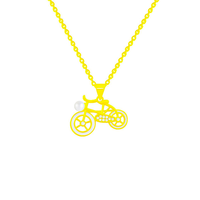 Niedliche, neuartige Fahrrad-Halskette mit Edelstahl-Beschichtung, Intarsien, künstliche Perlen, Zirkon, vergoldet