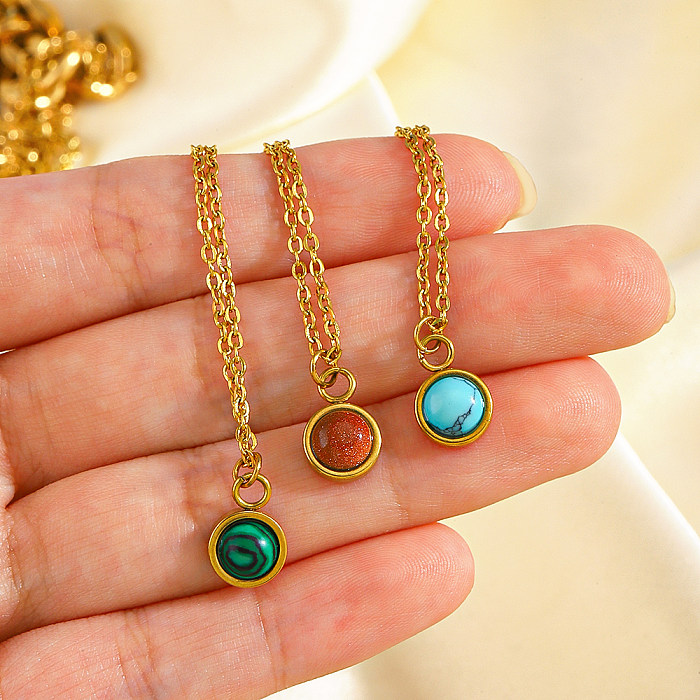 Simple Style Streetwear Round Stainless Steel  Plating Inlay Malachite Turquoise 18K Gold Plated Pendant Necklace