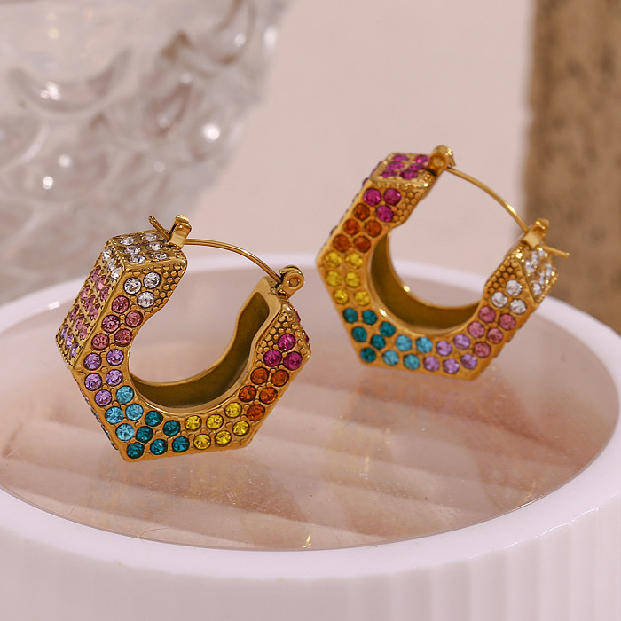 1 Pair Shiny Hexagon Stainless Steel  Plating Inlay Zircon 18K Gold Plated Hoop Earrings