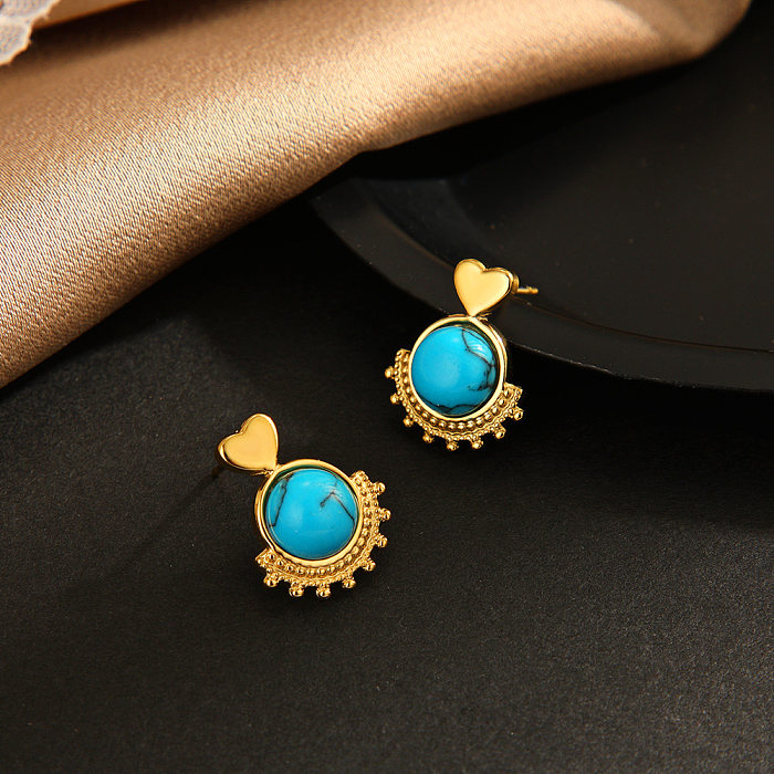 Ethnic Style Heart Shape Stainless Steel  Inlay Turquoise Drop Earrings 1 Pair