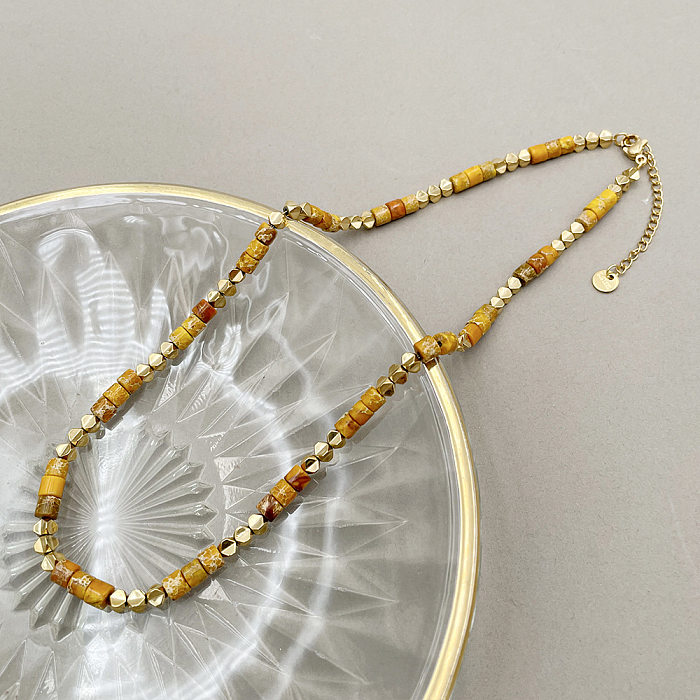 Collier de placage de perles en pierre naturelle en acier inoxydable multicolore de style simple 1 pièce
