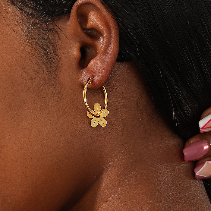 1 paire de boucles d'oreilles pendantes en acier inoxydable plaqué or 18 carats, Style IG, placage de fleur pastorale tridimensionnelle