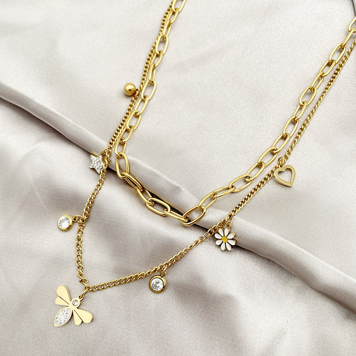 Simple Style Star Flower Bee Stainless Steel  Enamel Plating Inlay Zircon Gold Plated Layered Necklaces