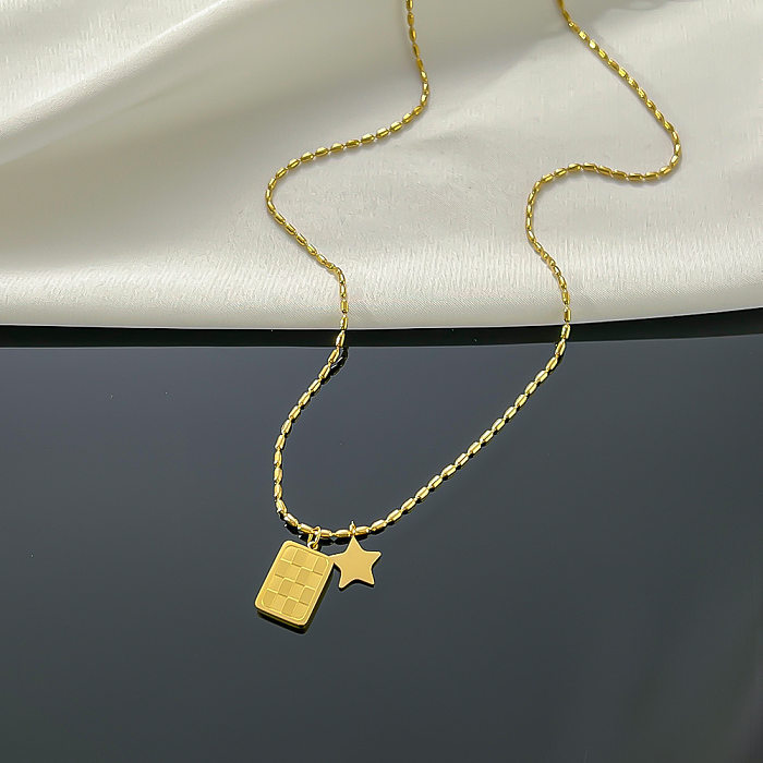 Lässiger schlichter Stil mit Sterngitter-Rechteck-Edelstahlbeschichtung, 18 Karat vergoldet, Anhänger-Halskette
