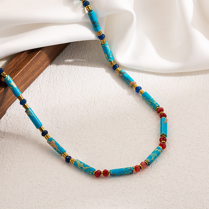 Süße geometrische Edelstahl-Perlen-Naturstein-Anhänger-Halskette mit 14-Karat-Vergoldung