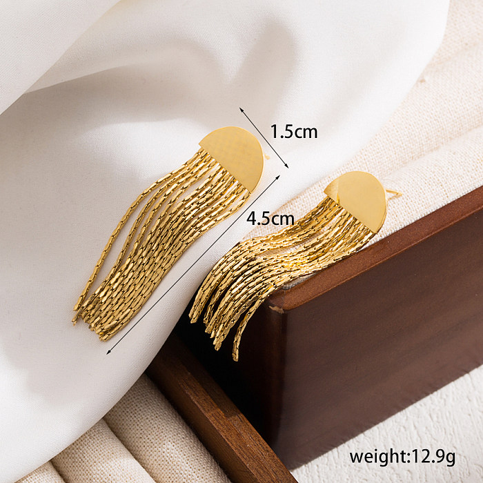 1 Paar elegante, luxuriöse runde Quasten-Ohrringe mit einfarbiger Beschichtung und Ketteneinlage aus Edelstahl mit Zirkon und 18 Karat vergoldet