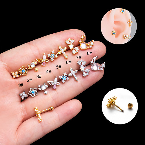 1 Piece French Style Simple Style Pentagram Flower Bow Knot Plating Inlay Stainless Steel  Zircon 18K Gold Plated Cartilage Earrings