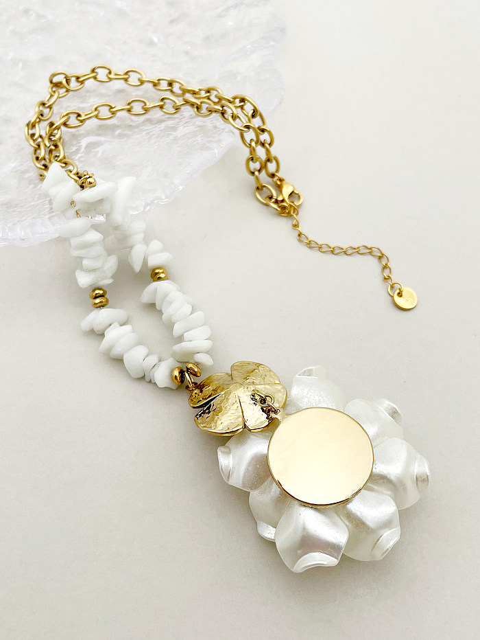 IG-Stil, lässige Halskette mit Anhänger, Blume, Edelstahl, Muschelperlen, Inlay, Perle, vergoldet
