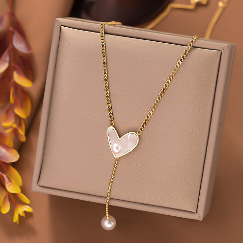 Collier pendentif en forme de cœur, Style Simple, Imitation de perle, placage en acier inoxydable, incrustation de coquille