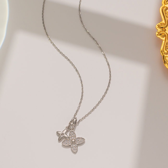 Einfache Halskette mit Blumen-Anhänger aus Edelstahl mit Intarsien und Strasssteinen