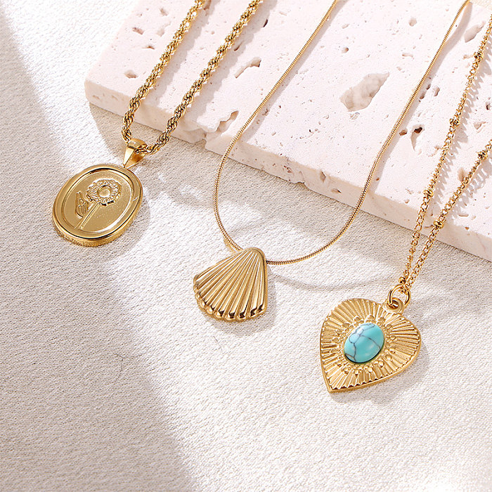 Casual elegante formato de coração flor concha revestimento de aço inoxidável incrustação turquesa 18K colar com pingente banhado a ouro