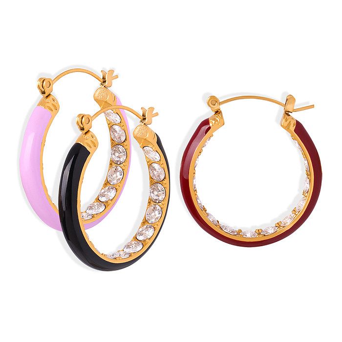 1 Pair Sweet Simple Style U Shape Solid Color Enamel Plating Inlay Stainless Steel Zircon 18K Gold Plated Hoop Earrings