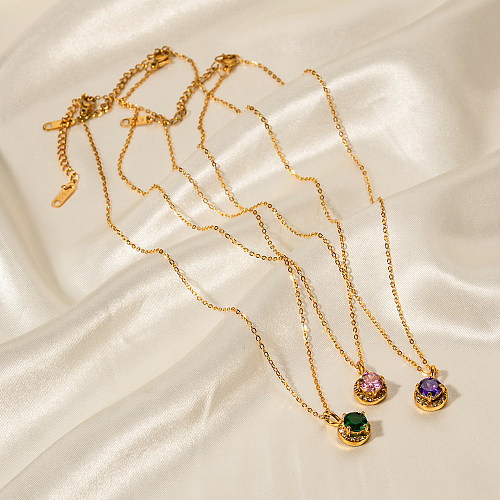 Elegante, glänzende, runde Anhänger-Halskette mit Inlay aus Zirkon und 18 Karat vergoldetem Edelstahl