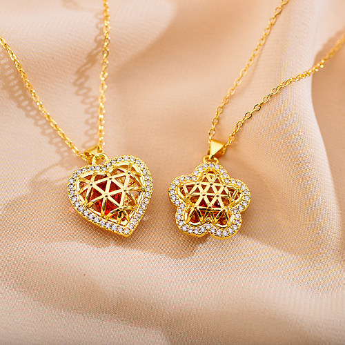 Elegant Shiny Heart Shape Flower Steel Hollow Out Inlay Zircon Pendant Necklace
