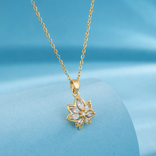 Modern Style Animal Water Droplets Flower Stainless Steel  Inlay Zircon Gold Plated Pendant Necklace