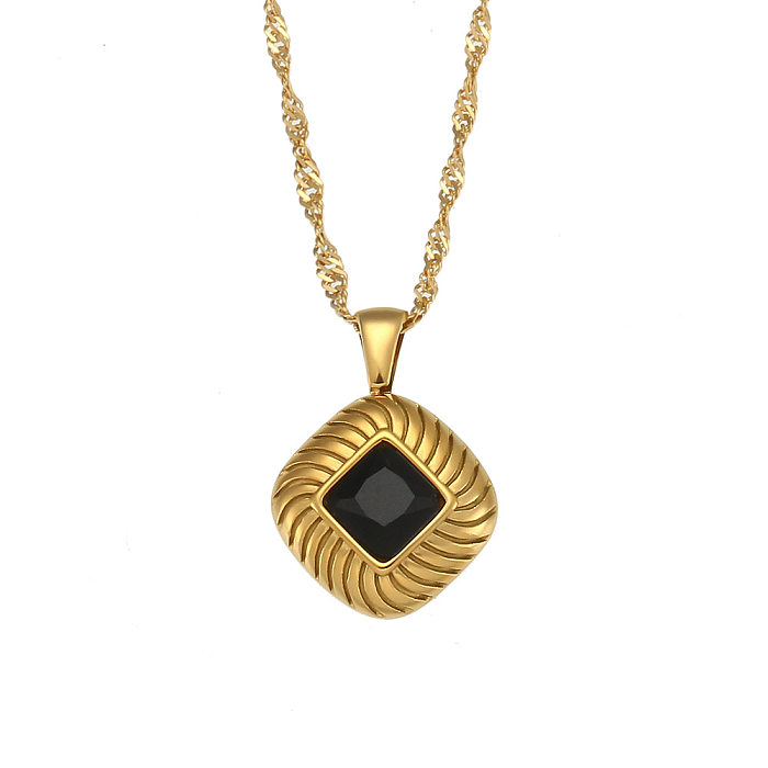 Retro Square Stripe Stainless Steel  Necklace Inlaid Zircon Stainless Steel  Necklaces