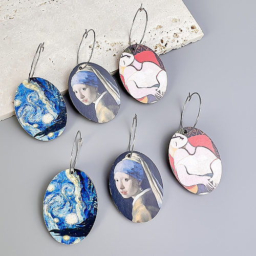 1 Pair Retro Geometric Stainless Steel  Wood Drop Earrings