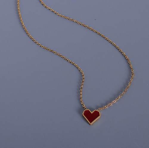 L165 Collar de cadena de clavícula con esmalte de corazón rojo Lux de entrada francesa, collar de clavícula en forma de corazón Vintage de oro de 18 quilates de acero inoxidable