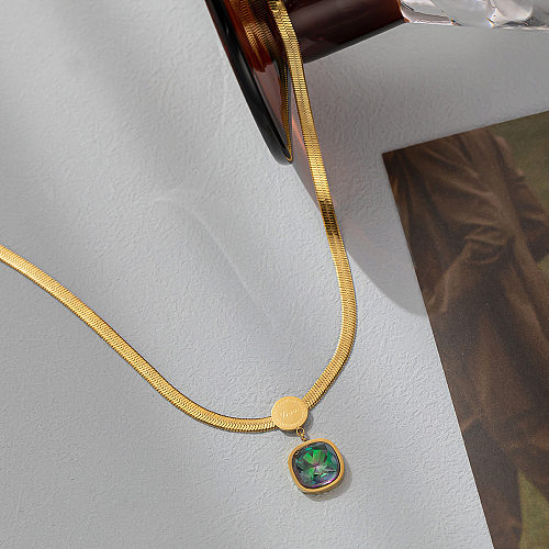 Simple Style Square Stainless Steel Plating Inlay Artificial Gemstones Pendant Necklace