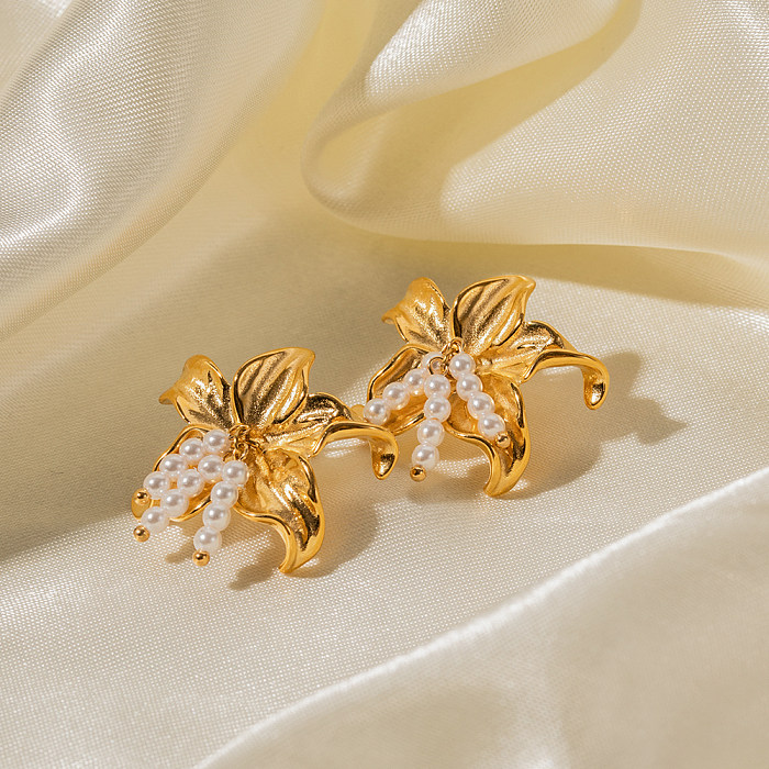 1 paire de boucles d'oreilles plaquées or 18 carats, Style IG, étoile de mer, perles en acier inoxydable